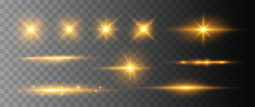 Golden glowing light flare collection with sparkles and horizontal light streak effects isolated on transparent background