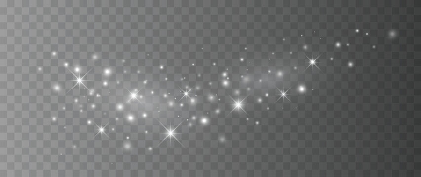 White glowing sparkle particle trail with star light effects isolated on transparent background for overlay design