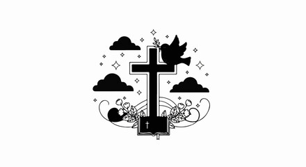 Fototapeta premium Religious symbol with cross, dove, book, clouds, flowers, and stars