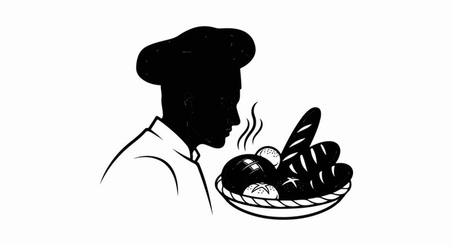 Silhouette of a baker in a tall hat, smelling fresh bread