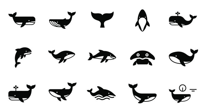 Marine mammal whale silhouette icons for ocean conservation themes