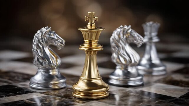 266Perspective close-up of silver and gold chess pieces in strategic arrangement, golden king central, silver knights flanking, polished metallic surfaces, business strategy and colla