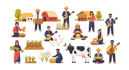 Fototapeta premium Rural Farming Community Vector Collection: Flat illustrations of farmers harvesting crops, tending livestock (cow, chickens), playing music, and traditional village life.