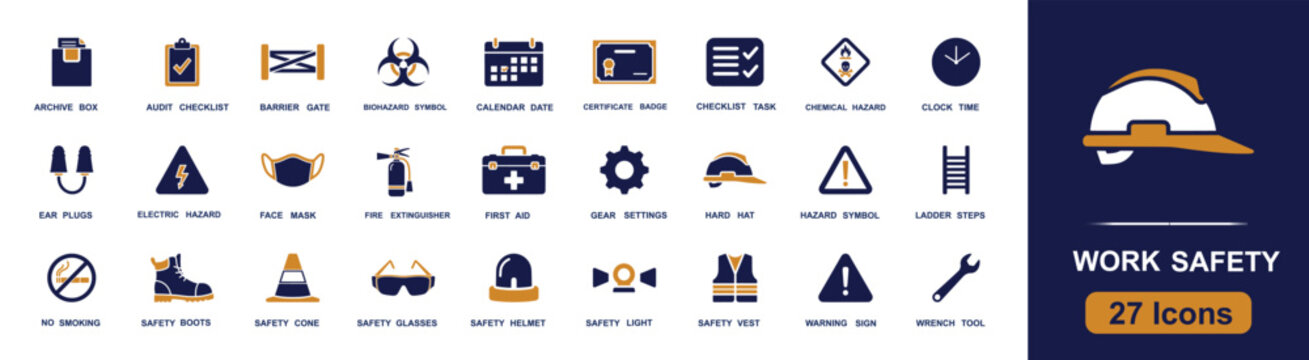 Work safety icon set. Containing hard hat, first aid, fire extinguisher, safety vest, warning sign, face mask, ear plugs, ladder, gloves and more. Solid fill vector icons collection.
