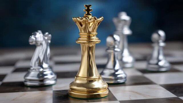 271Top-down view of gold and silver chess pieces on a competition board, golden king leading, coordinated silver pieces, metallic reflections, metaphor for leadership, victory, and bu