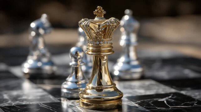 275Golden king rising above silver chess pieces in a competitive chess game, dramatic reflections on gold and silver pieces, team coordination and tactical success visualized, high-st