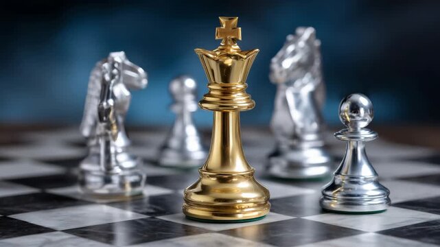 278Top-down view of gold and silver chess pieces on a competition board, golden king leading, coordinated silver pieces, metallic reflections, metaphor for leadership, victory, and bu