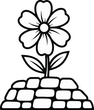 Stylized flower on a stone base, outline drawing for coloring
