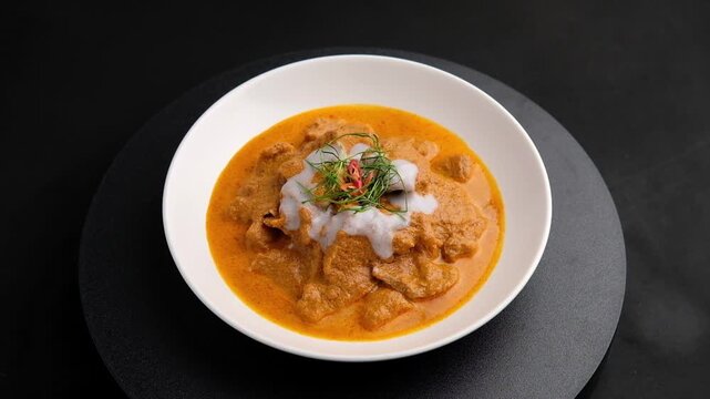 Panaeng Curry with pork.Sliced pork Meat in red curry paste and coconut milk,topping with coconut cream and Shredded kaffir lime leaves.Thai style food.