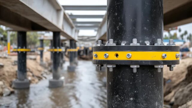 505Bottom view of industrial pipeline under bridge, macro perspective, bolts and flange visible, outdoor engineering