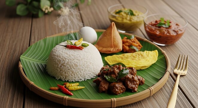 Traditional indonesian nasi campur dish with various side dishes on banana leaf