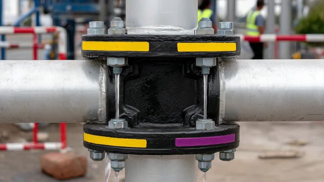 529Macro of flange connection on industrial outdoor pipe, bolts and gasket visible