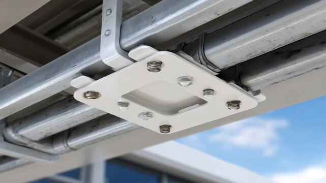 537Bottom perspective of office electrical conduits, macro detail, screws and brackets