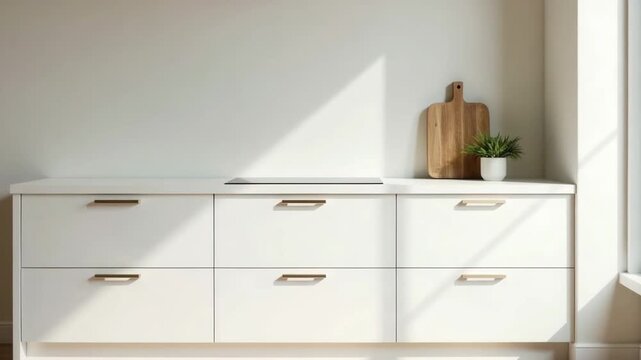 A modern white dresser with four drawers, a wooden cutting board, and a small green plant on top. Bright sunlight casts shadows on the wall.