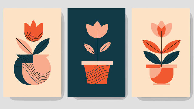 Collection of three abstract posters featuring geometric flowers in pots using a mid-century modern color palette.