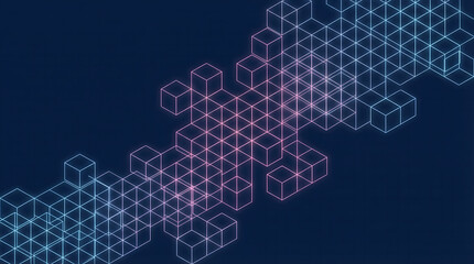 Fototapeta premium Futuristic interconnected digital network of glowing wireframe cubes in dynamic blue and pink gradient, illustrating data flow, technology, and abstract connectivity on a dark background