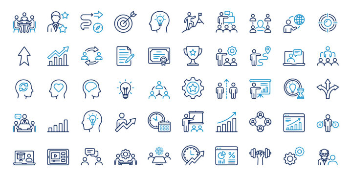Business Growth and Coaching Line Icons Set of 50 KPI Dashboard, Leadership, Strategy and Productivity Outline Symbols. Performance Tracking and Growth Strategy Outline Pack. Personal development icon