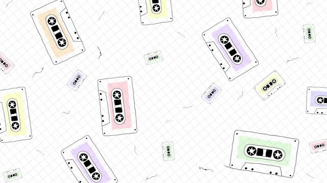 90s Retro Cassette Pattern Rotating Background Spinning Reels Animated Sketch Paper 4K