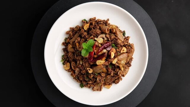 Stir fried minced pork salad,Spicy Northern Thai-Style food,fry mixed Ground pork with Pork Large Intestine and pig spleen in chilli paste.(larb moo).Top view.