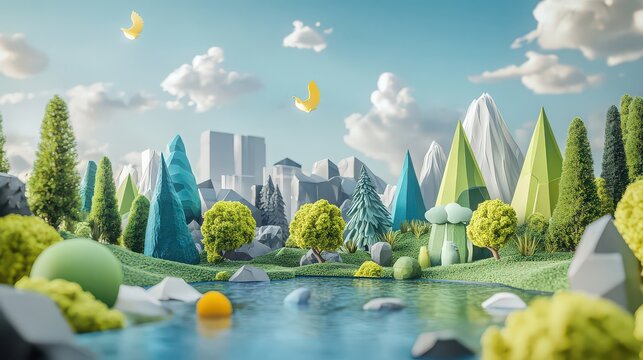 Whimsical low poly landscape featuring stylized trees water and distant city silhouettes under a bright partly cloudy sky