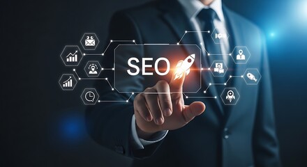 Naklejka premium Businessman in suit touching glowing seo digital interface with rocket icon and network nodes for search engine optimization marketing growth