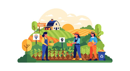 Obraz premium Women Farmers Working in Community Garden: Sustainable Urban Agriculture, Collaboration, and Female Empowerment Vector Illustration