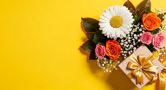 Flowers and gift box on yellow background for celebration  gift giving