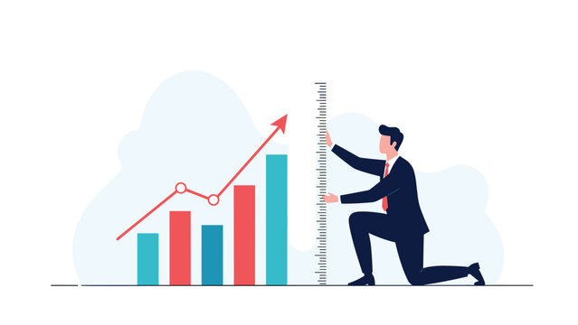 Businessman in a suit measuring the performance growth of a bar chart with a ruler to track professional success.