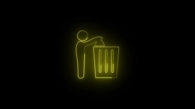 Man throwing trash into bin neon glowing Icon loop animation