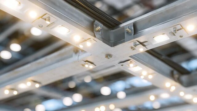 572Bottom-up view of electrical conduits in suspended ceiling, detailed view of metal brackets, screws, and threaded wires, office interior engineering setup, macro textures and indus