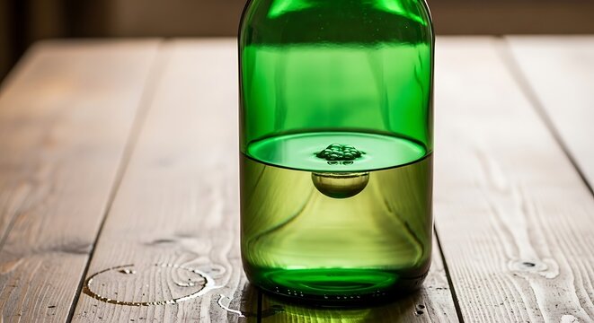 Green Glass Bottle with Liquid on Wooden Table.