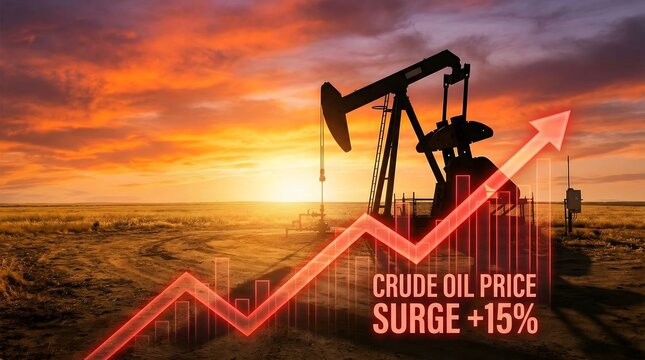 In an oil field at sunset, a pumpjack operates while a graph shows a 15 percent rise in crude oil prices. The orange sky highlights the industrial scene of oil extraction