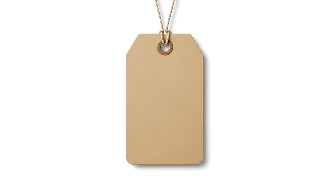 Blank kraft paper gift tag with string on white background.