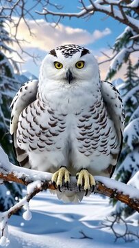 Aesthetic 8K vertical scroll of a Snowy Owl with intense yellow eyes. Showing detailed white spotted feathers and talons on an icy branch against a cold cyan tundra background