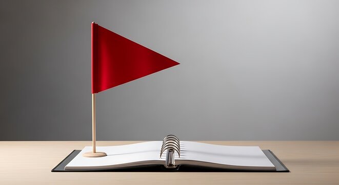 Red triangular flag standing on an open ring binder notebook on a wooden desk to symbolize a warning or high priority task in a business setting