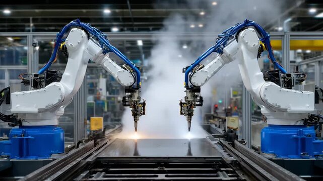 Automated industrial spray painting line with robotic arms coating metal panels, fine paint mist suspended in the air, synchronized robot movement, glossy wet surfaces, stainless s
