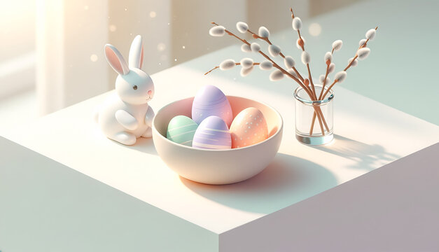 Minimalist 3d Easter scene with a cute bunny, pastel eggs in a bowl and pussy willow in sunbeams
