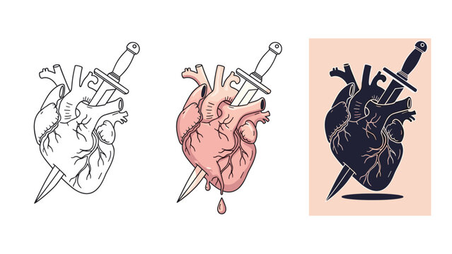 Three variations of anatomical heart pierced by a dagger in line art, colored, and silhouette styles for tattoo design.