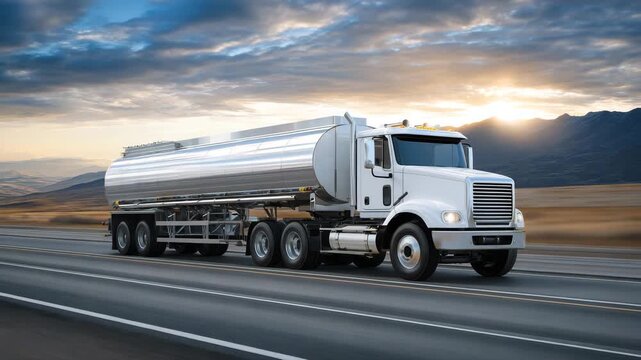 Chemical tanker truck driving on a sunlit highway, reflective stainless steel tank glinting, road stretching into horizon, safety decals visible, dynamic transport scene, industria