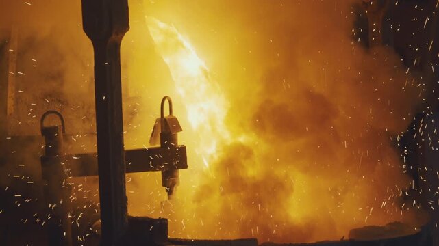 Pouring liquid hot metal to shape. Sparks flying all around. Metal production process in a metallurgical factory. Modern metallurgical factory. Red hot metal in a modern factory. Steelworks technology