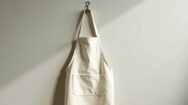 A plain white apron hanging on a hook against a light-colored wall. The apron has a pocket and is made of fabric, suitable for cooking or crafting.