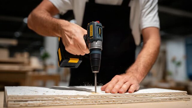 Cinematic close-up of hands assembling flat-pack wooden furniture using a screwdriver, visible screw threads, laminated wood surface, minimal modern workshop setting, realistic lig