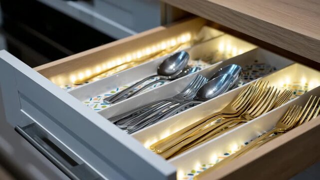 Cinematic close-up of open kitchen drawer in sleek wooden cabinet, cutlery and utensils neatly arranged, ambient soft lighting emphasizing modern wood finish and contemporary inter