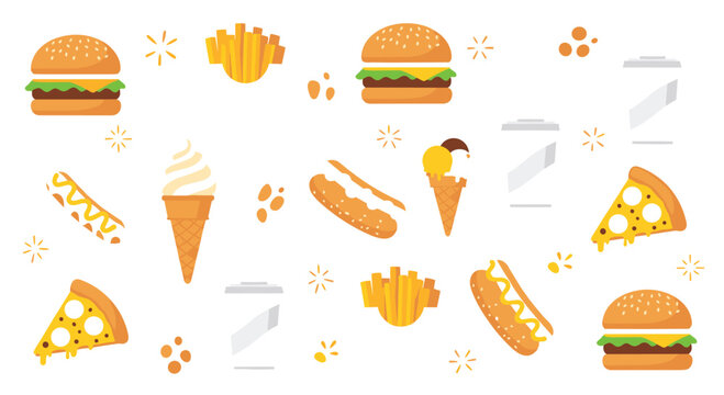 Fast food seamless pattern vector with burger fries pizza hotdog ice cream and snacks for background wrapping and textile design