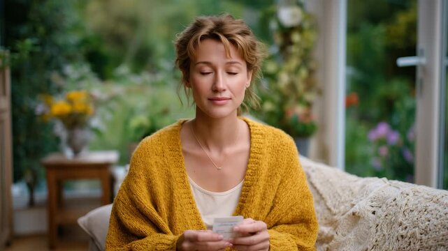 Cinematic mid-shot of a woman taking medication at home in a tranquil setting, comfortable clothing, uncluttered surroundings, diffused daylight, emotional tone of recovery and cal