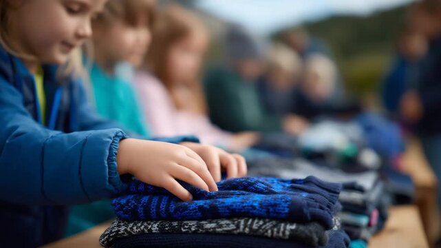 Close-up detail of hands sorting children&rsquo;s clothing donations, small sweaters and jackets neatly folded, texture-rich fabrics, shallow depth of field, emotional storytelling throu