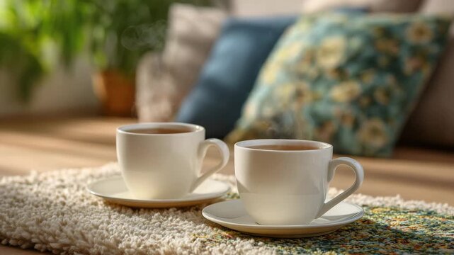 Close-up of a porcelain tea set on a plush rug, steaming cups, gentle shadows on neutral floor, sofa and cushions blurred in the background, soft natural daylight, cozy and relaxed