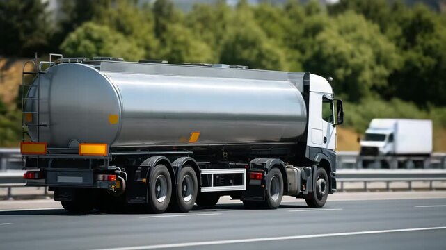 Close-up of a chemical tanker truck on asphalt highway, polished tank surface, visible safety warning labels, industrial transport details, bright daylight highlighting metallic te