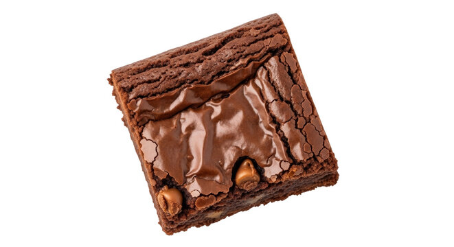 Delicious chocolate brownie with caramel chips isolated PNG, rich dessert treat on transparent background for bakery and confectionery designs