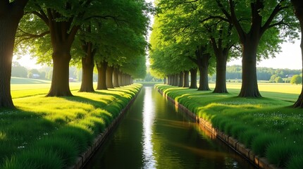 Fototapeta premium A narrow canal stretches into the distance, flanked by symmetrical rows of towering, leafy trees. The calm water reflects the vibrant green canopy and golden sunlight, while lush grassy banks and sunl